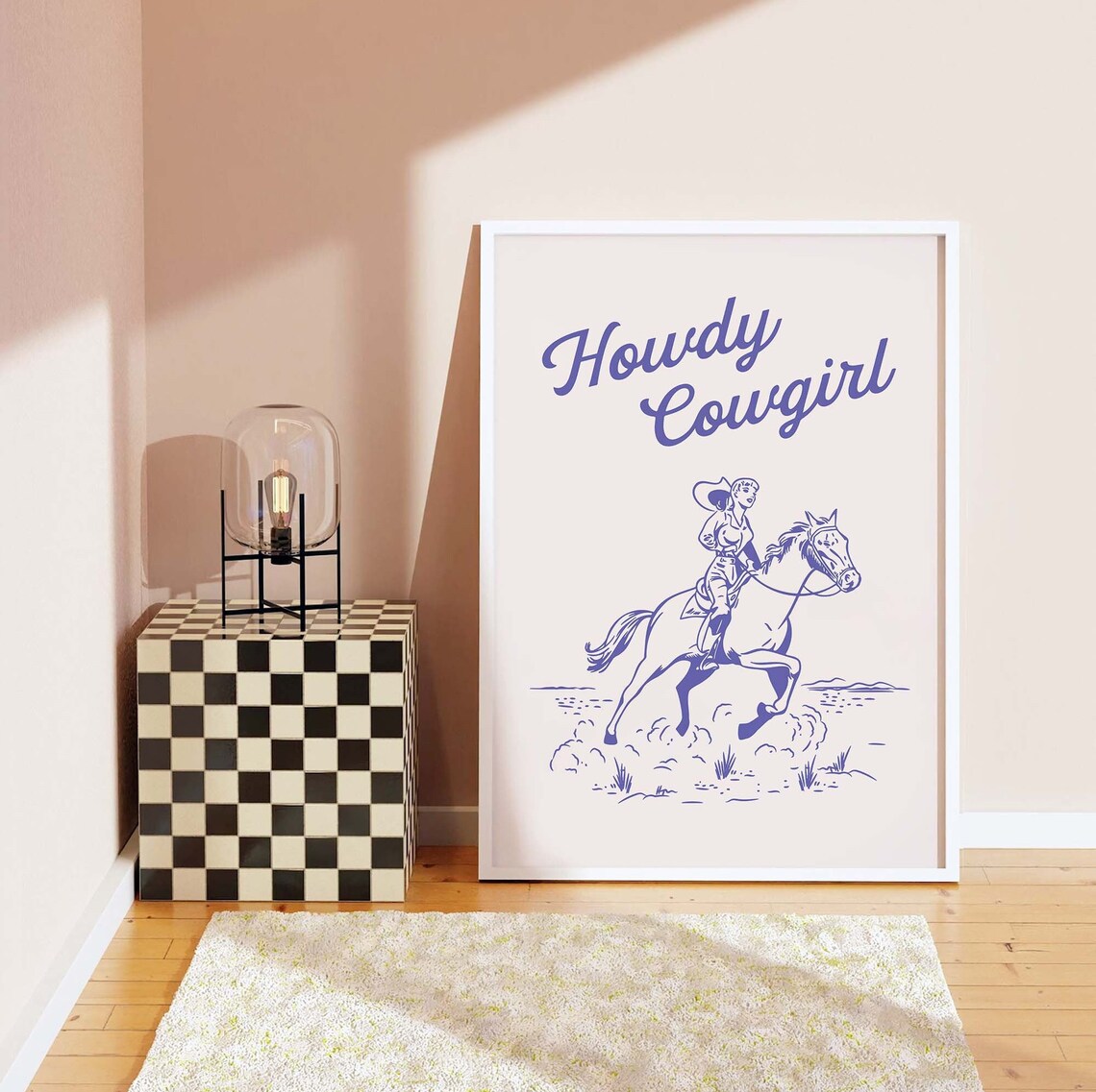 Howdy Cowgirl Blue Horseback Rider Retro Western Style Wall Art - Image 4