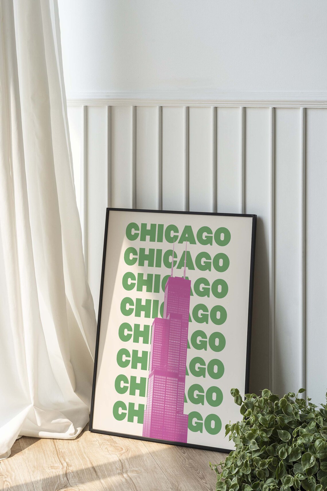 Chicago Willis Tower Pink Green Bold Skyline Graphic Art Poster - Image 4