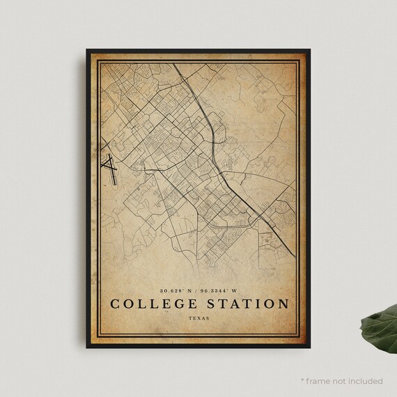 College Station Texas Vintage City Street Map Antique Style Wall Art