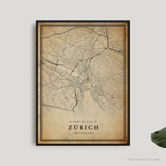 Vintage Zurich Switzerland Sepia City Map Antique Style Travel Wall Decor Poster