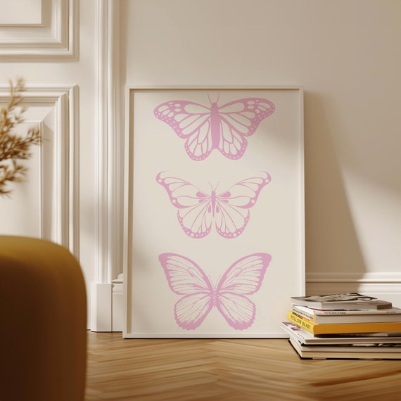 Pink Preppy Print Butterfly Wall Art Trendy Prints Pink Dorm Prints Preppy Dorm Decor Trendy Art Prints Funky Print Preppy Wall Art