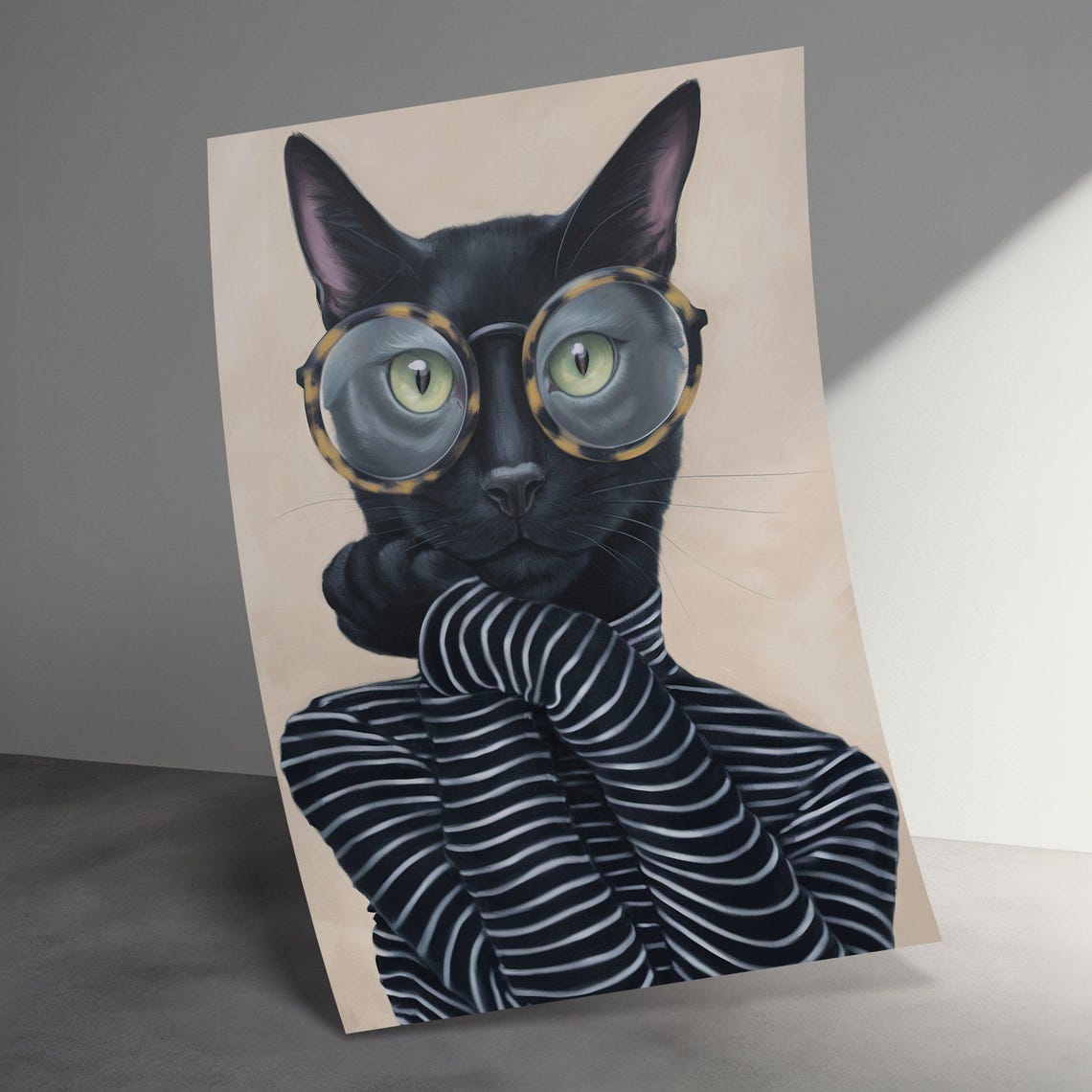 Black Cat in Glasses Striped Turtleneck Funny Intellectual Cat Poster - Image 3