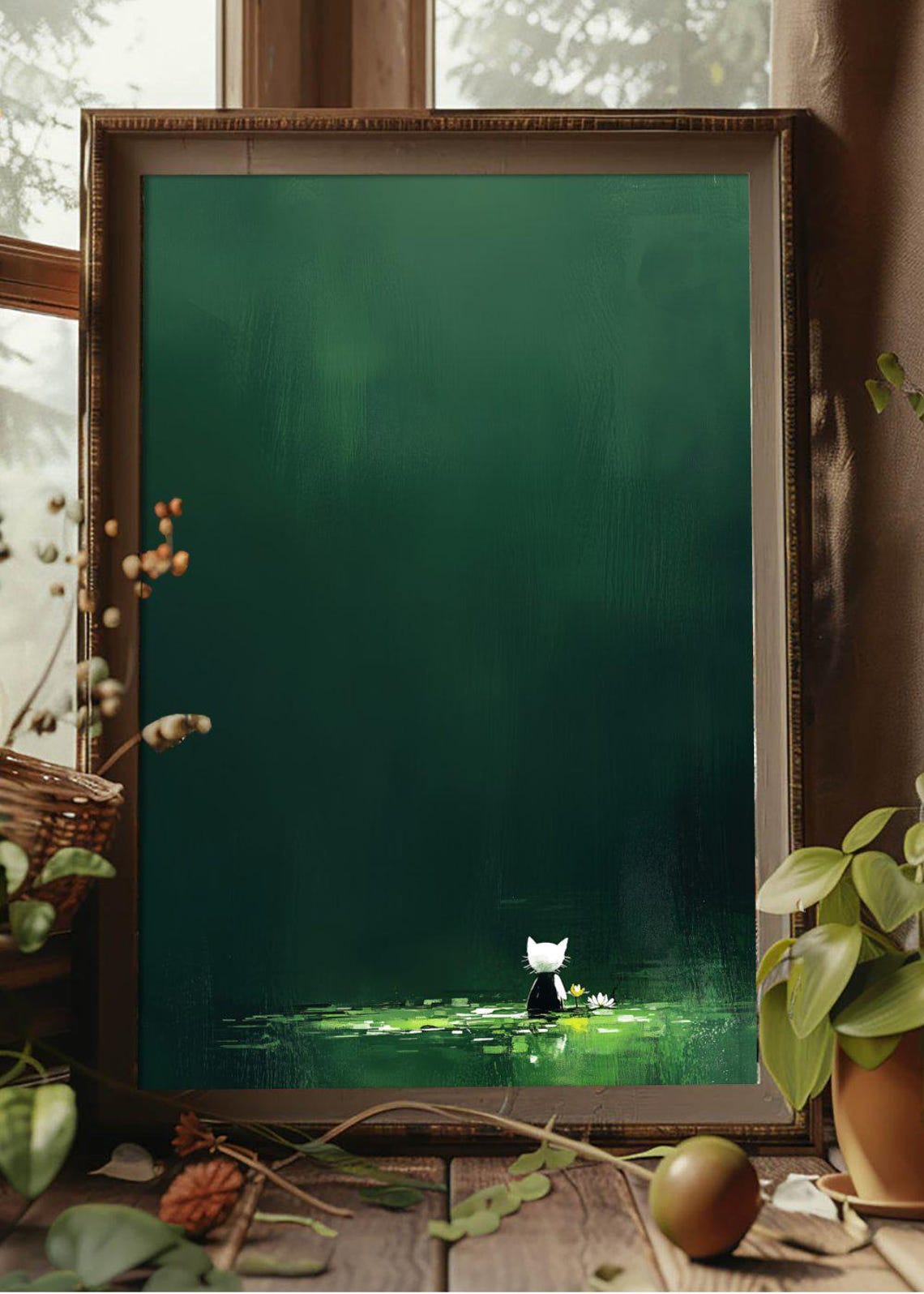 Tiny White Cat On Lily Pad Green Forest Pond Minimal Art Poster - Image 2