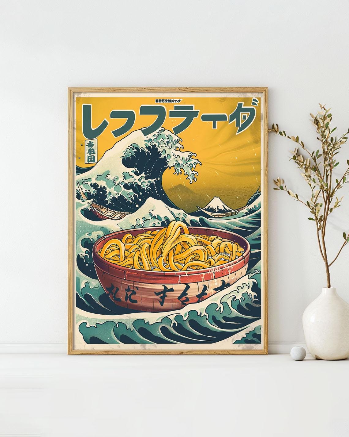 Noodle Soup And Waves Japanese Retro Ramen Great Wave Art Poster