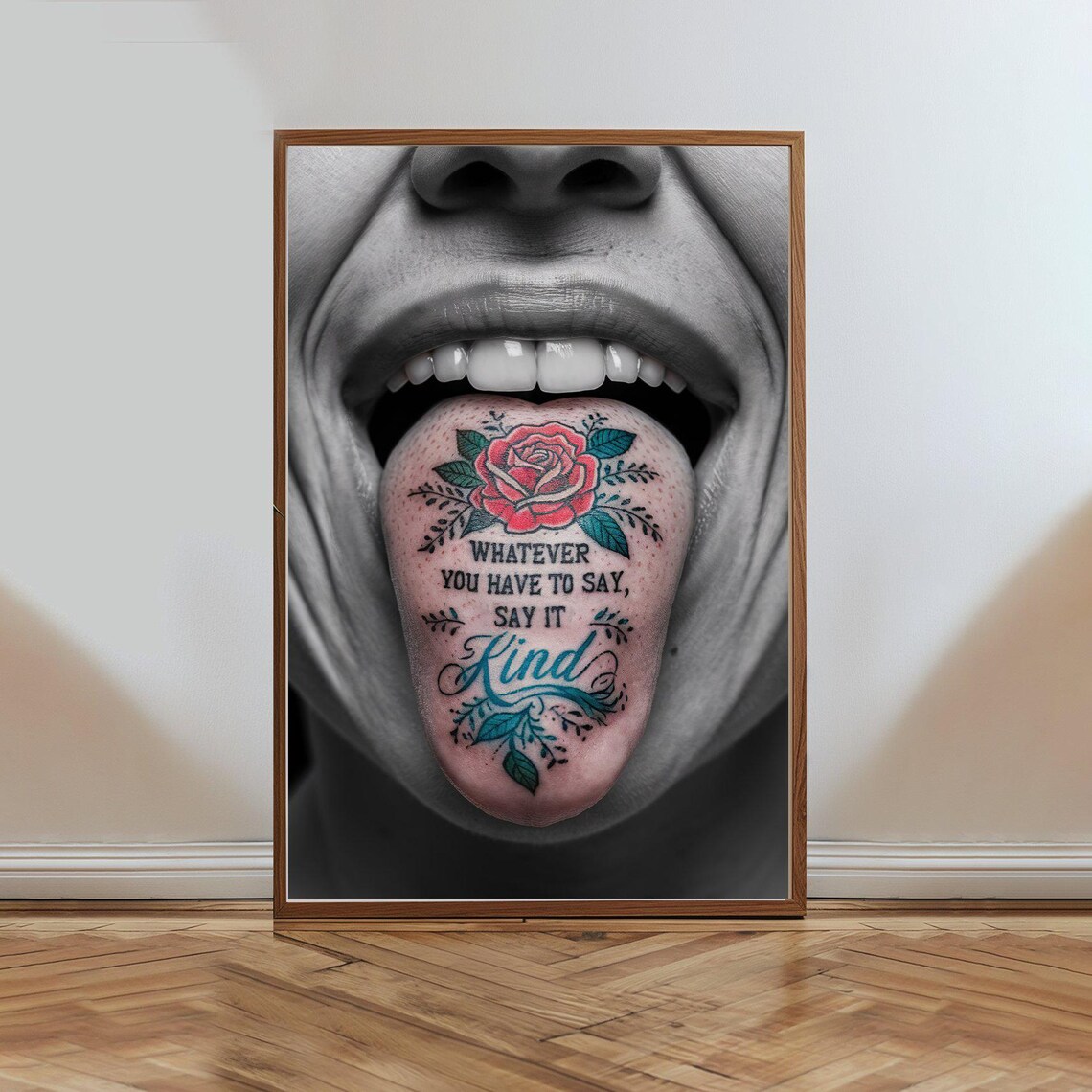 Say It Kind Tattooed Tongue Rose Bold Quote Typography Art Poster
