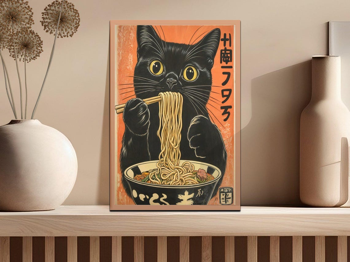 Funny Black Cat Eating Ramen With Chopsticks Cute Japanese Poster - Image 2