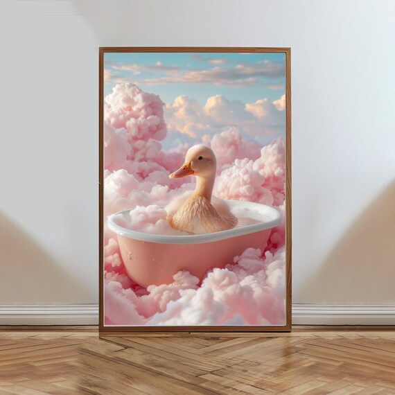 Cute Duck In Bathtub On Pink Clouds Wall Art Adorable Duckling Print Surreal Dreamy Animal Decor Unique Bath Art