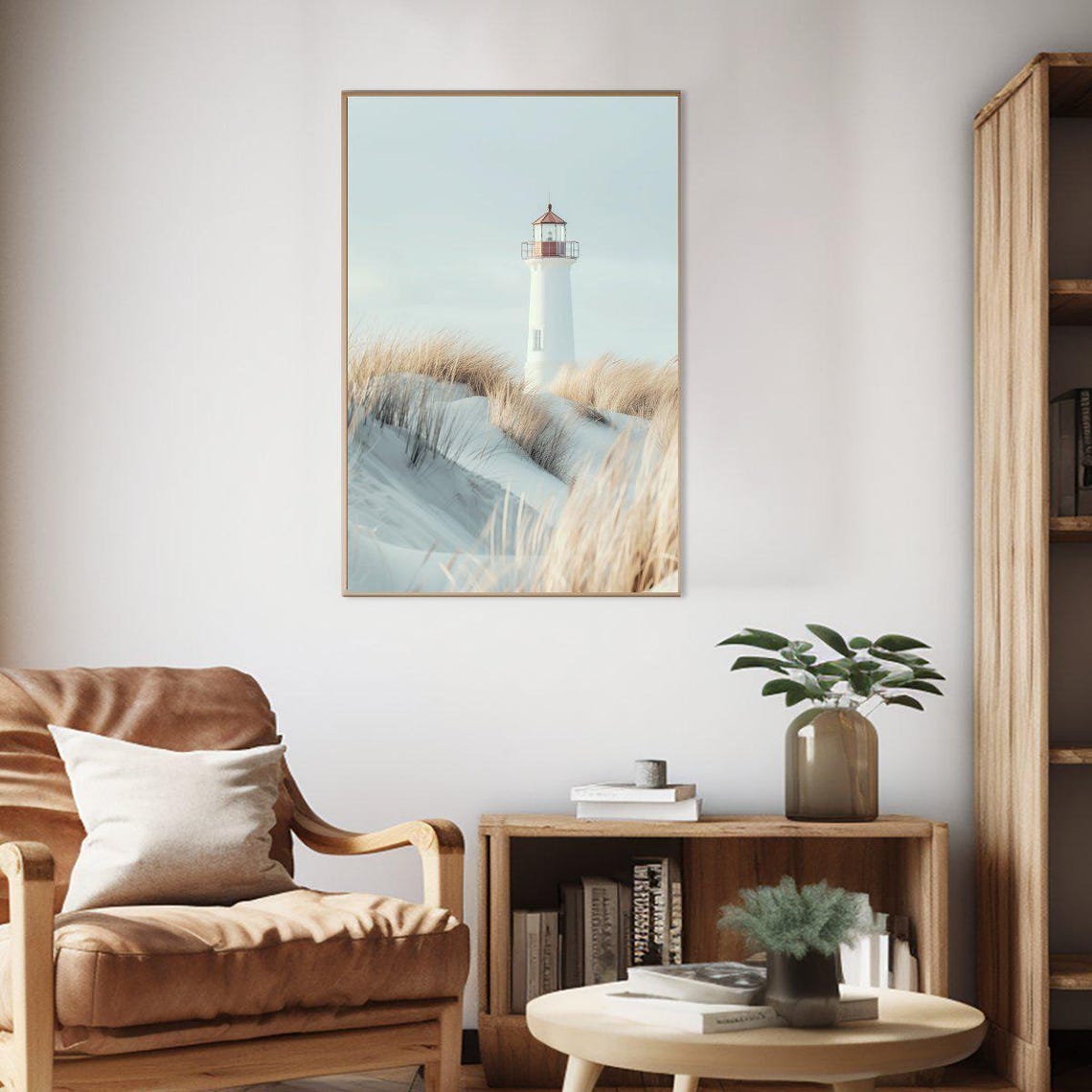 White Lighthouse On Sandy Dunes Serene Coastal Seaside Poster - Image 2
