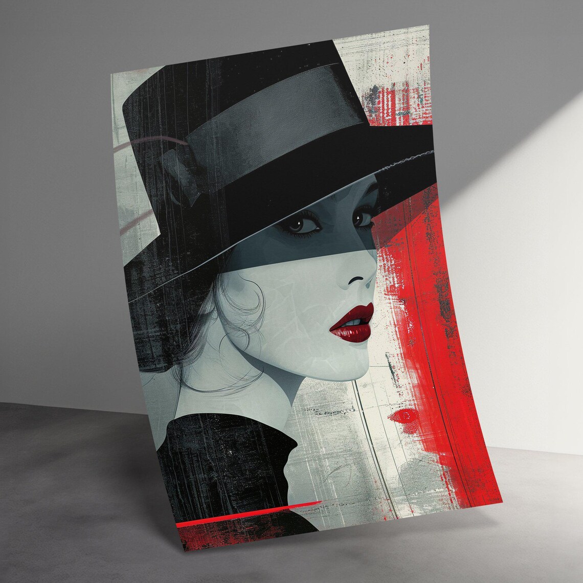 Stylish Woman In Black Hat Red Lips Fashion Illustration Poster - Image 3