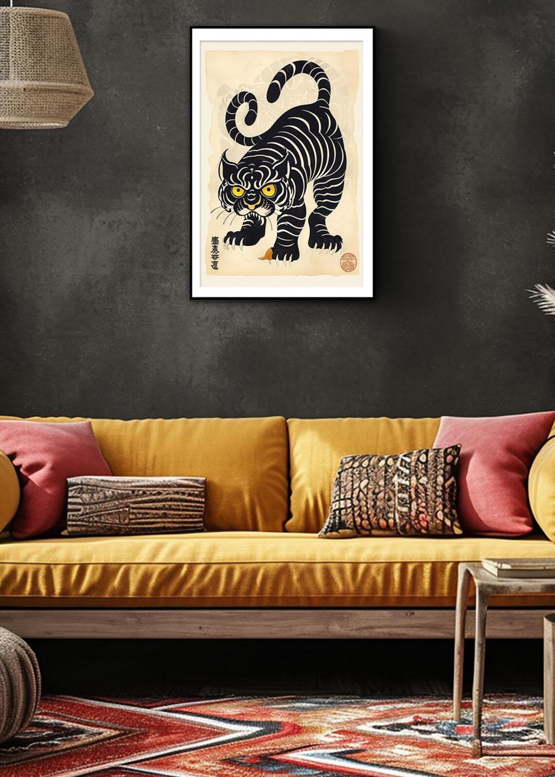 Traditional Japanese Black Tiger Vintage Woodblock Animal Poster - Image 2