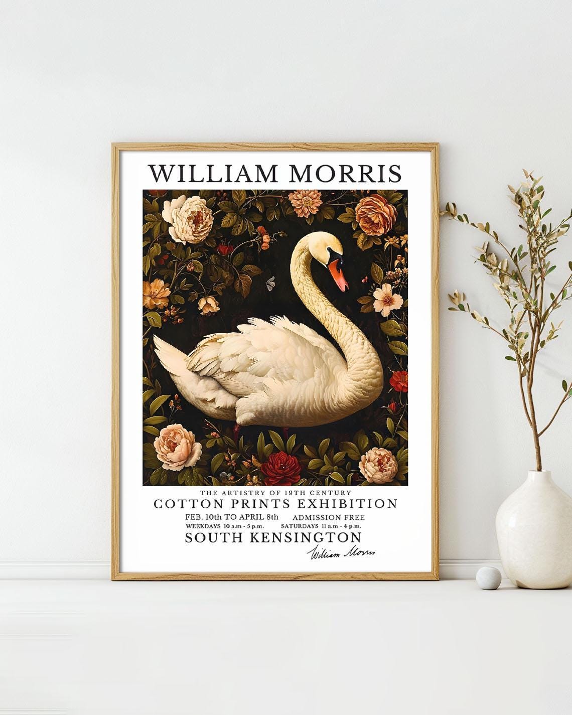 William Morris Swan On Dark Floral Vintage Exhibition Poster