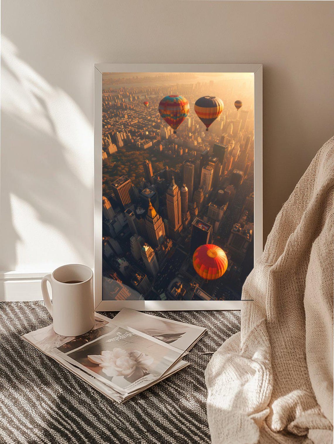 Hot Air Balloons Over New York City Skyline Wall Art Print Aerial View Of Skyscrapers And Hot Air Balloons Decor Urban Landscape - Image 2