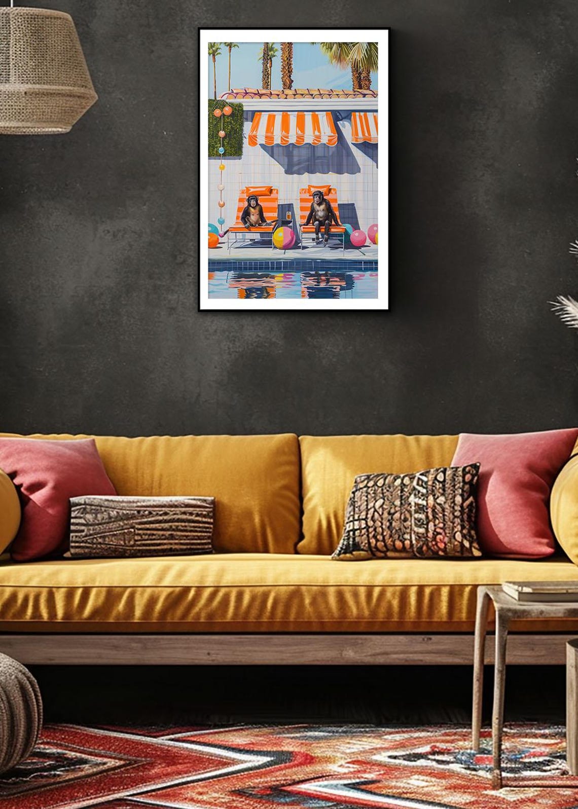 Two Chimps Pool Party Retro Illustration Lounge Summer Art Poster - Image 2