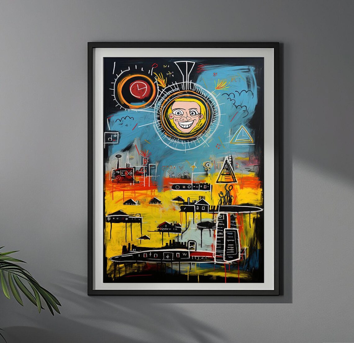 Sun and Cityscape Basquiat Style Colorful Abstract City Art Poster