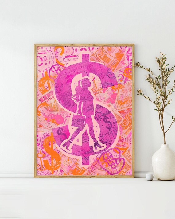 Pink Dollar Sign Art Poster Vintage Upcycled Wall Art Funny Sayings Wall Decor Unique Design Surreal Collage