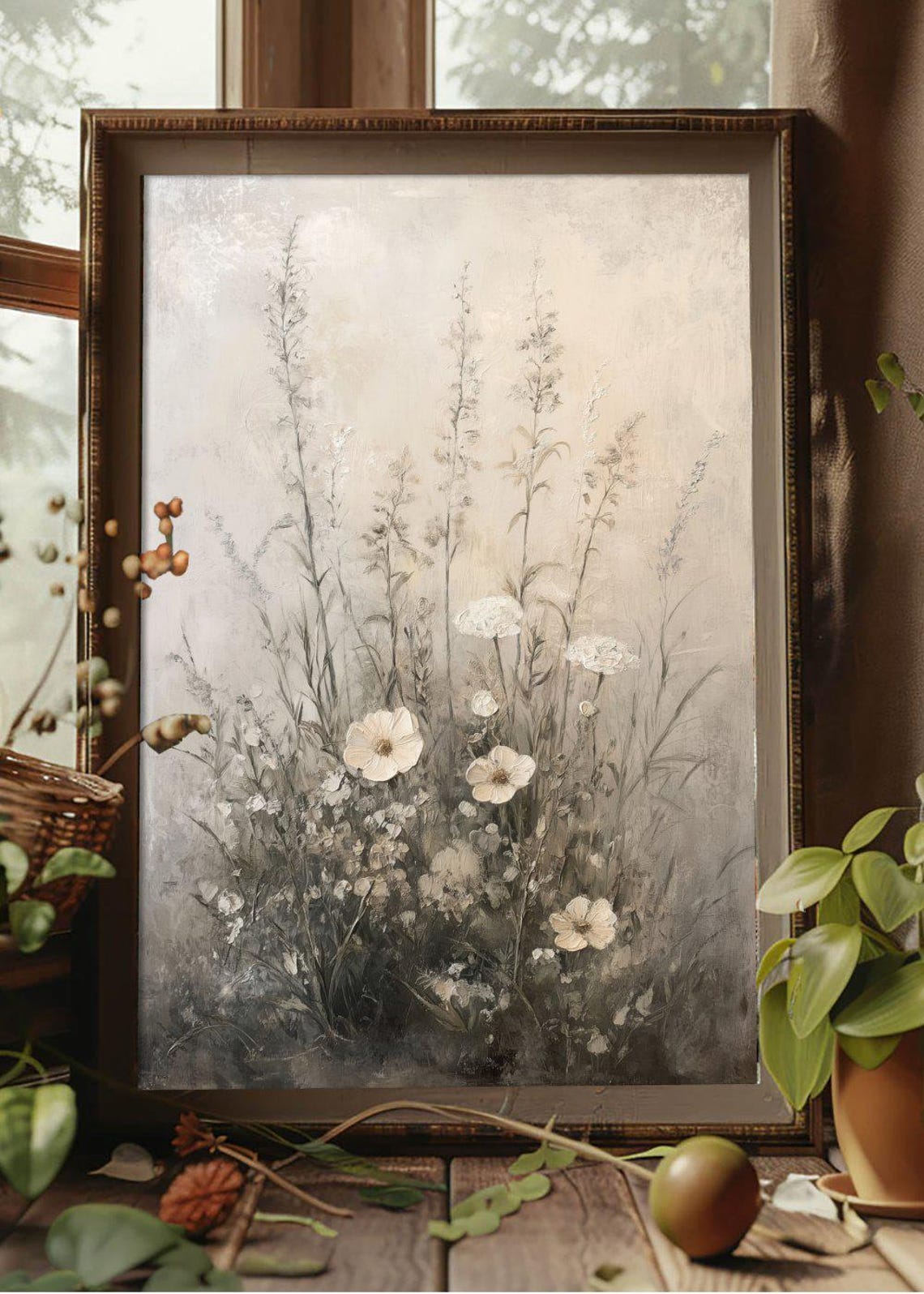 Neutral Beige Wildflower Botanical Muted Vintage Floral Poster - Image 2