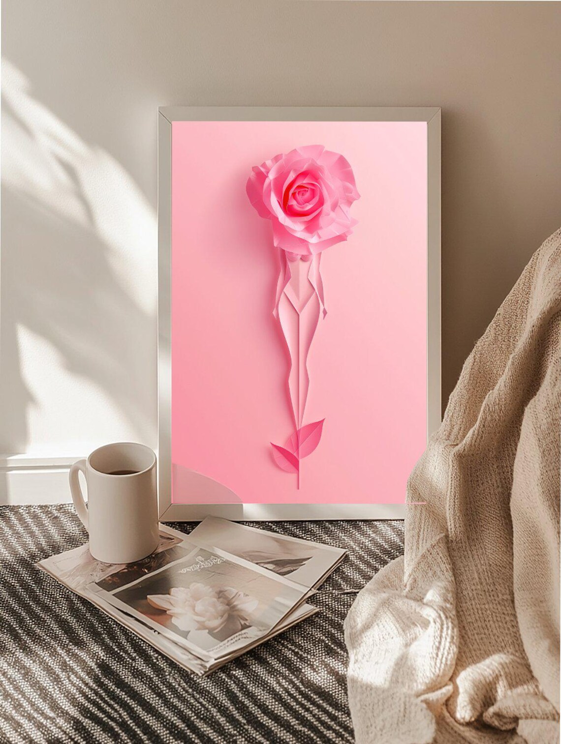 Elegant Pink Paper Rose With Woman Silhouette Minimal Floral Poster - Image 2