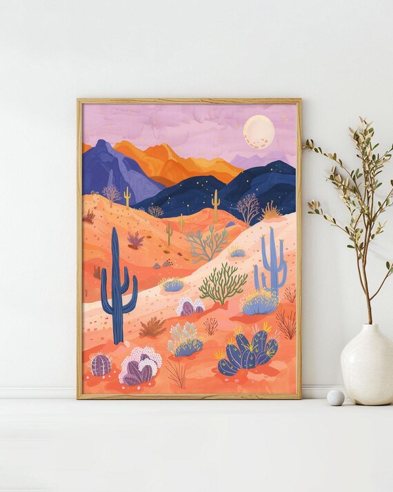 Desert Landscape At Sunset Art Poster Midcentury Modern Travel Wall Art Painting As Print Unique Design