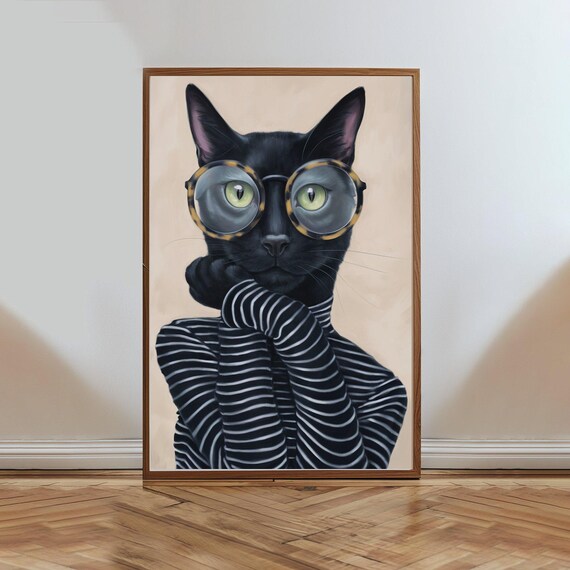 Black Cat in Glasses Striped Turtleneck Funny Intellectual Cat Poster