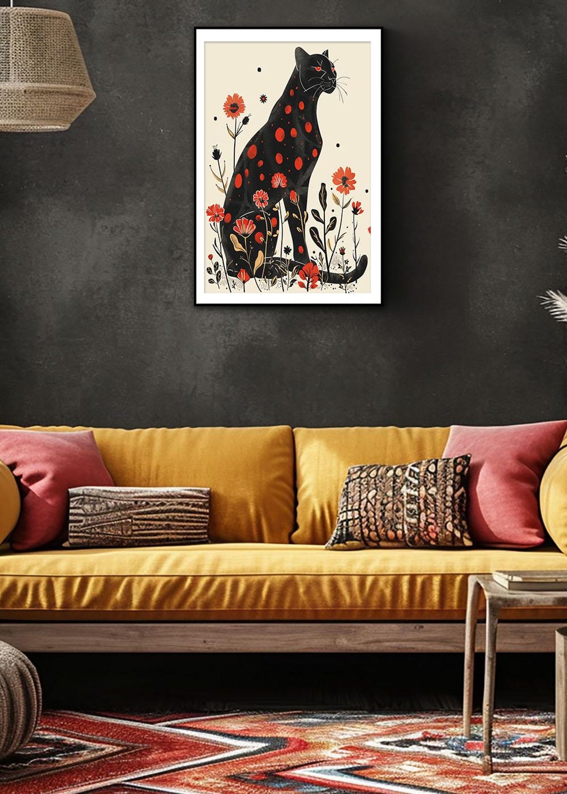 Bold Black Panther Red Spots Floral Art Deco Wild Animal Poster - Image 2