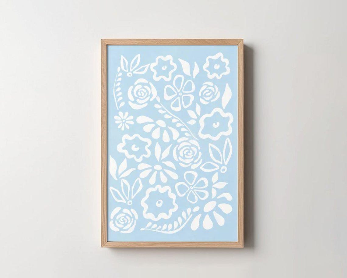 White Floral Pattern On Light Blue Folk Style Decorative Poster