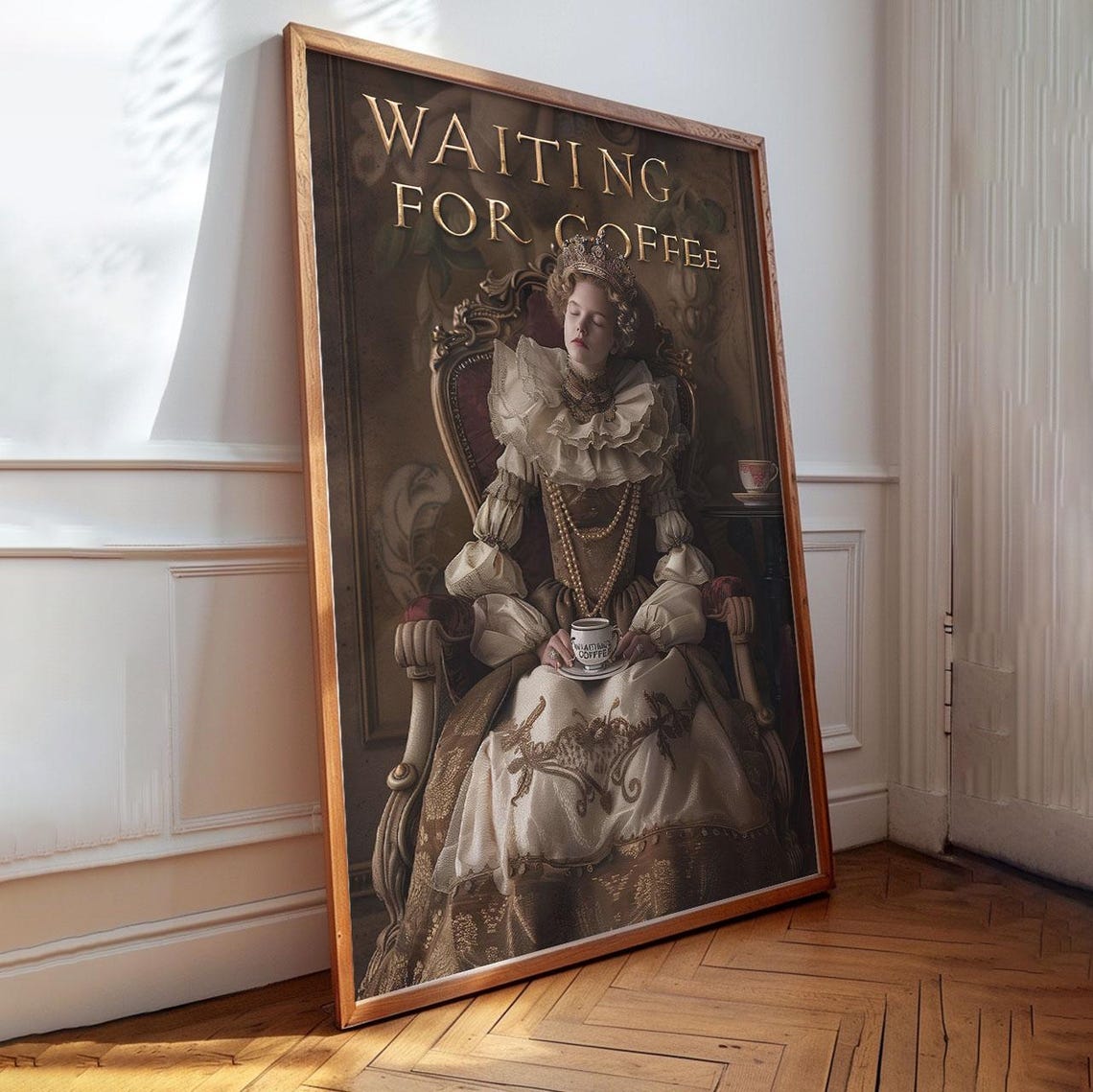 Waiting for Coffee Crowned Queen Vintage Portrait Funny Poster - Image 3