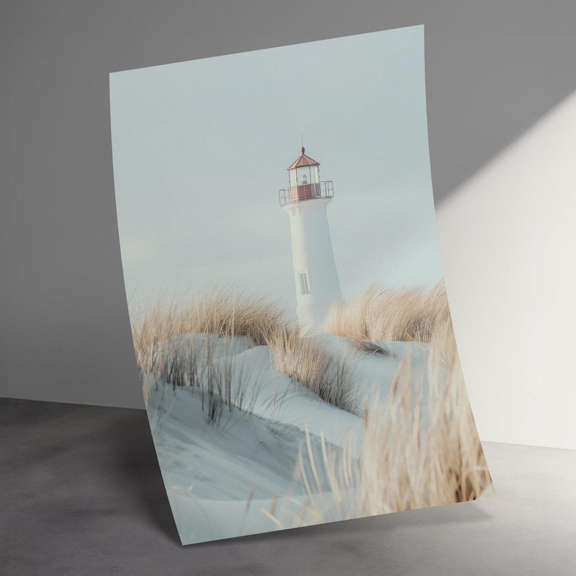 White Lighthouse On Sandy Dunes Serene Coastal Seaside Poster - Image 3