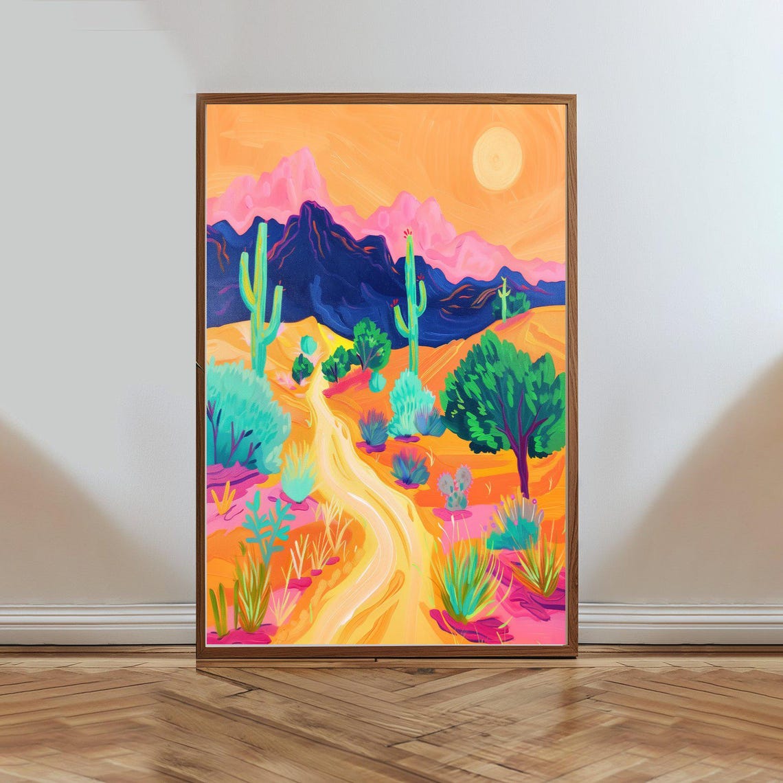 Fauvist Desert Trail Saguaro Cactus Mountain Sunshine Poster