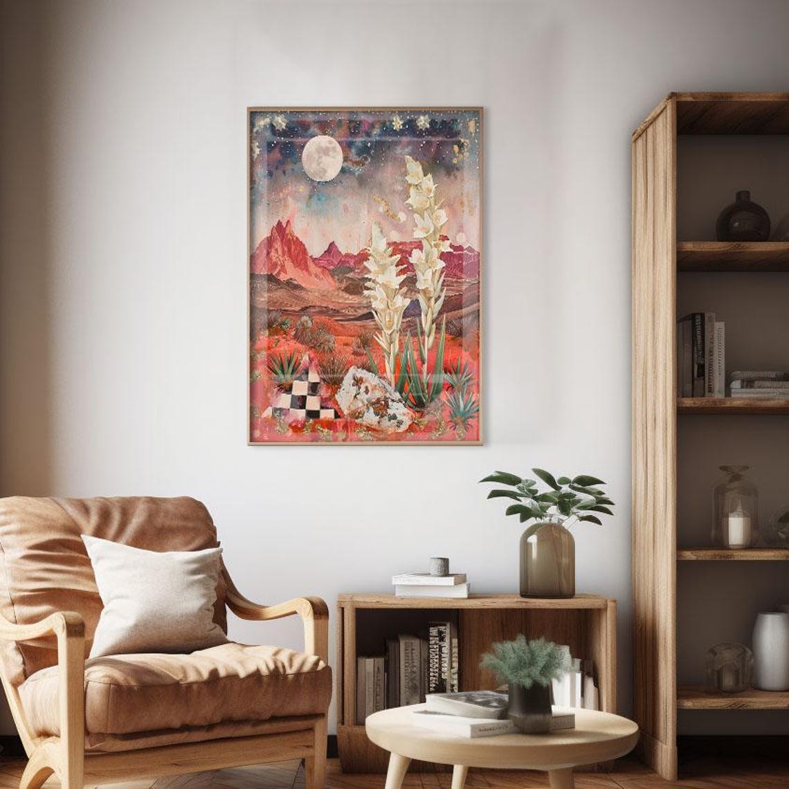 Dreamy Galactic Bloom White Yucca Full Moon Cosmic Desert Poster - Image 2
