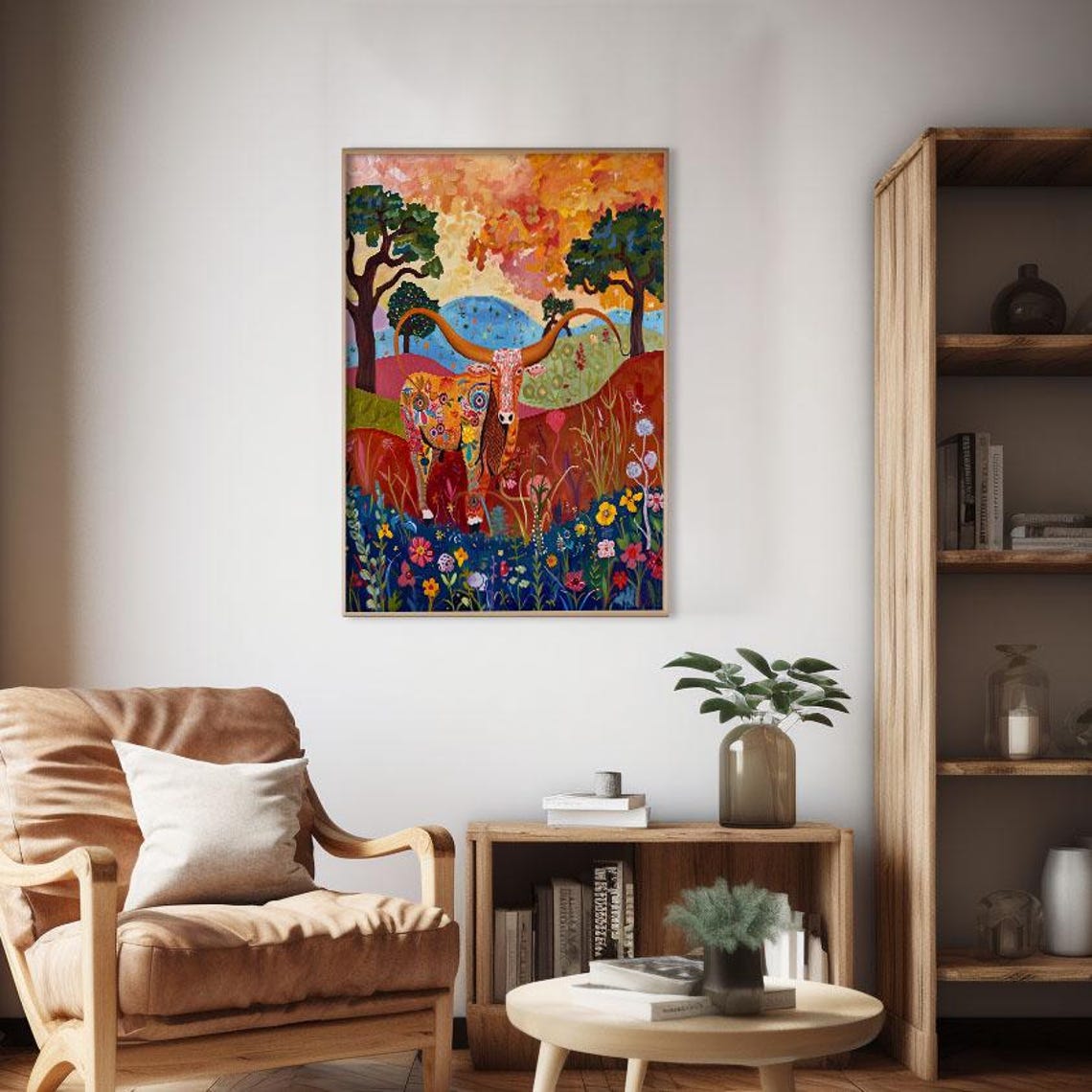 Whimsical Longhorn Cow Wildflower Meadow Folk Art Colorful Art Poster - Image 2