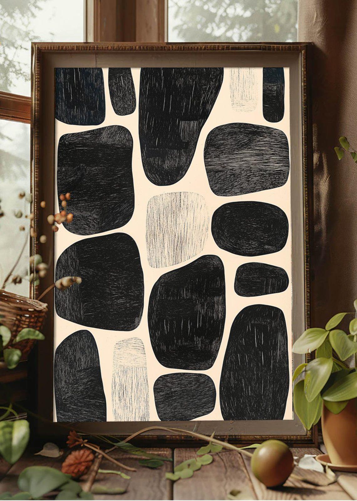 Black Stone Shapes Cream Background Organic Modern Abstract Poster - Image 2