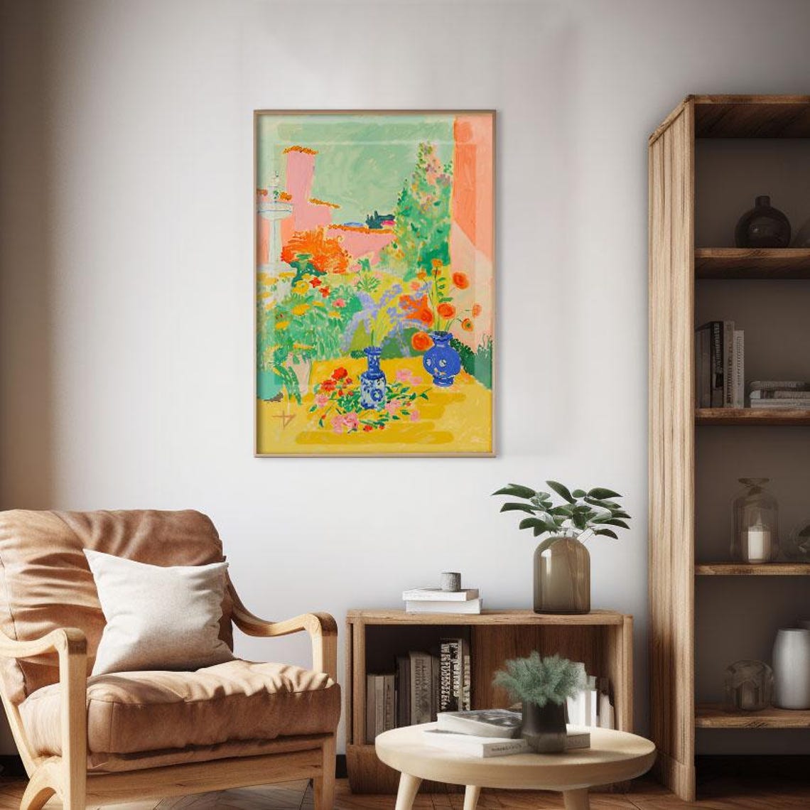 Serene Courtyard Garden Fountain Midcentury Modern Color Art Poster - Image 2