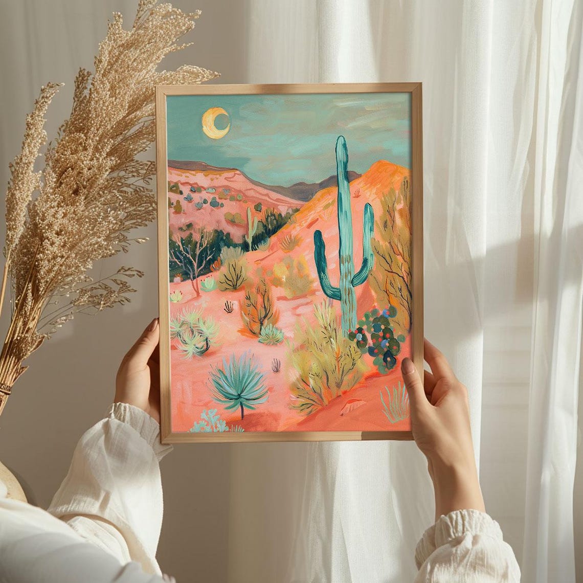 Soft Desert Twilight Crescent Moon Pink Sand Saguaro Art Poster - Image 3