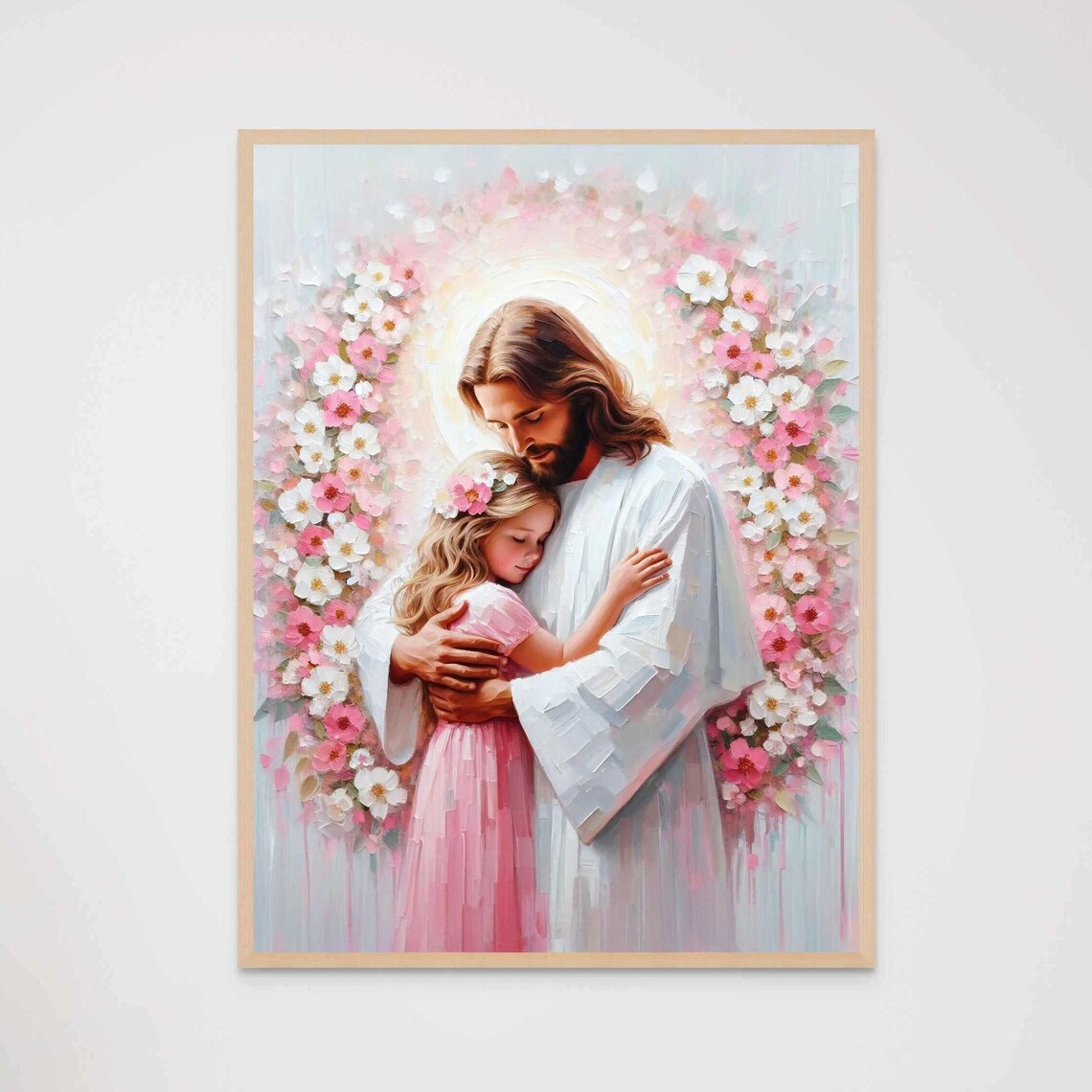Jesus Hugging Girl Floral Heart Arch Pink White Flowers Christian Poster - Image 7