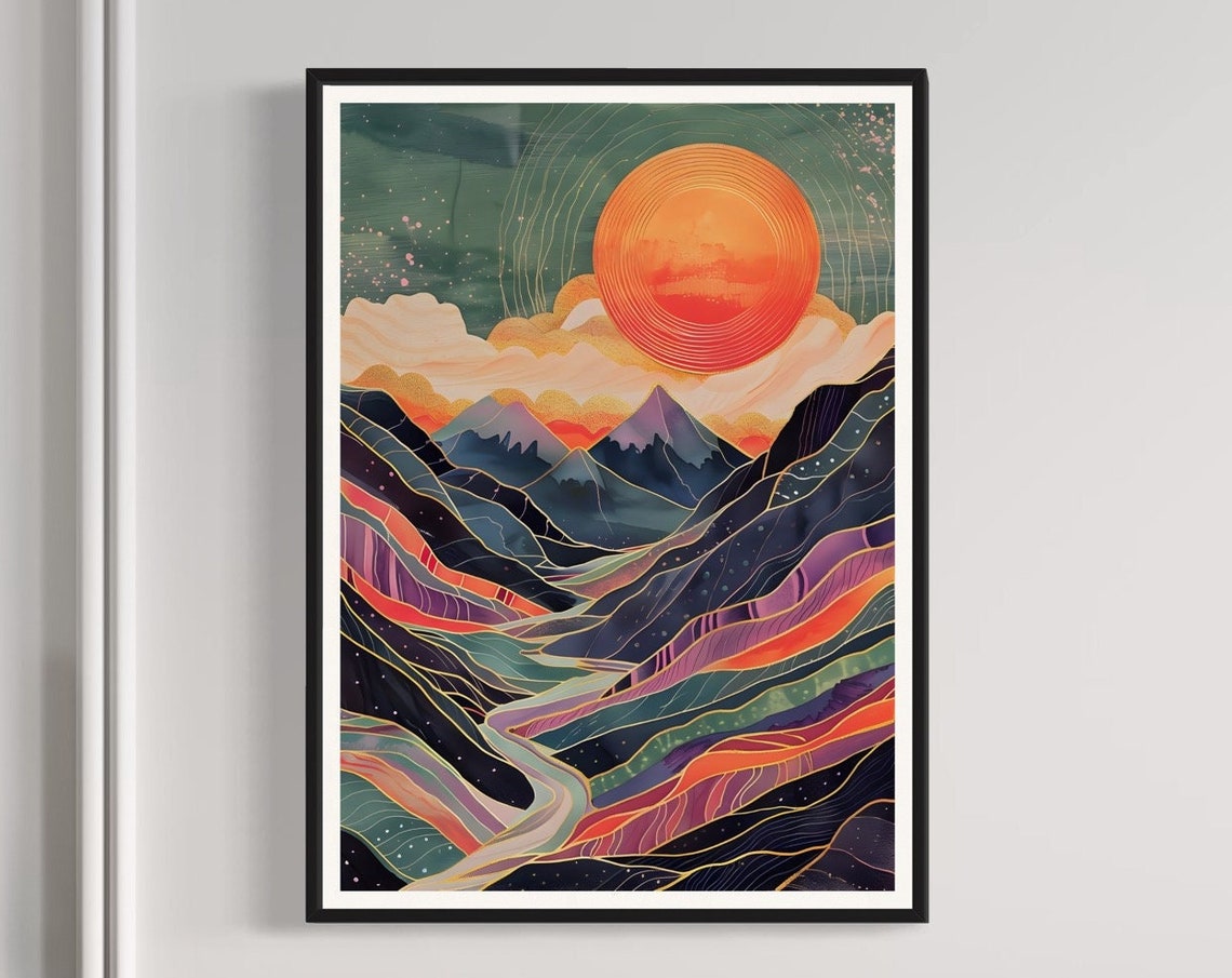 Colorful Mountain Valley Sunset River Gold Line Boho Art Print