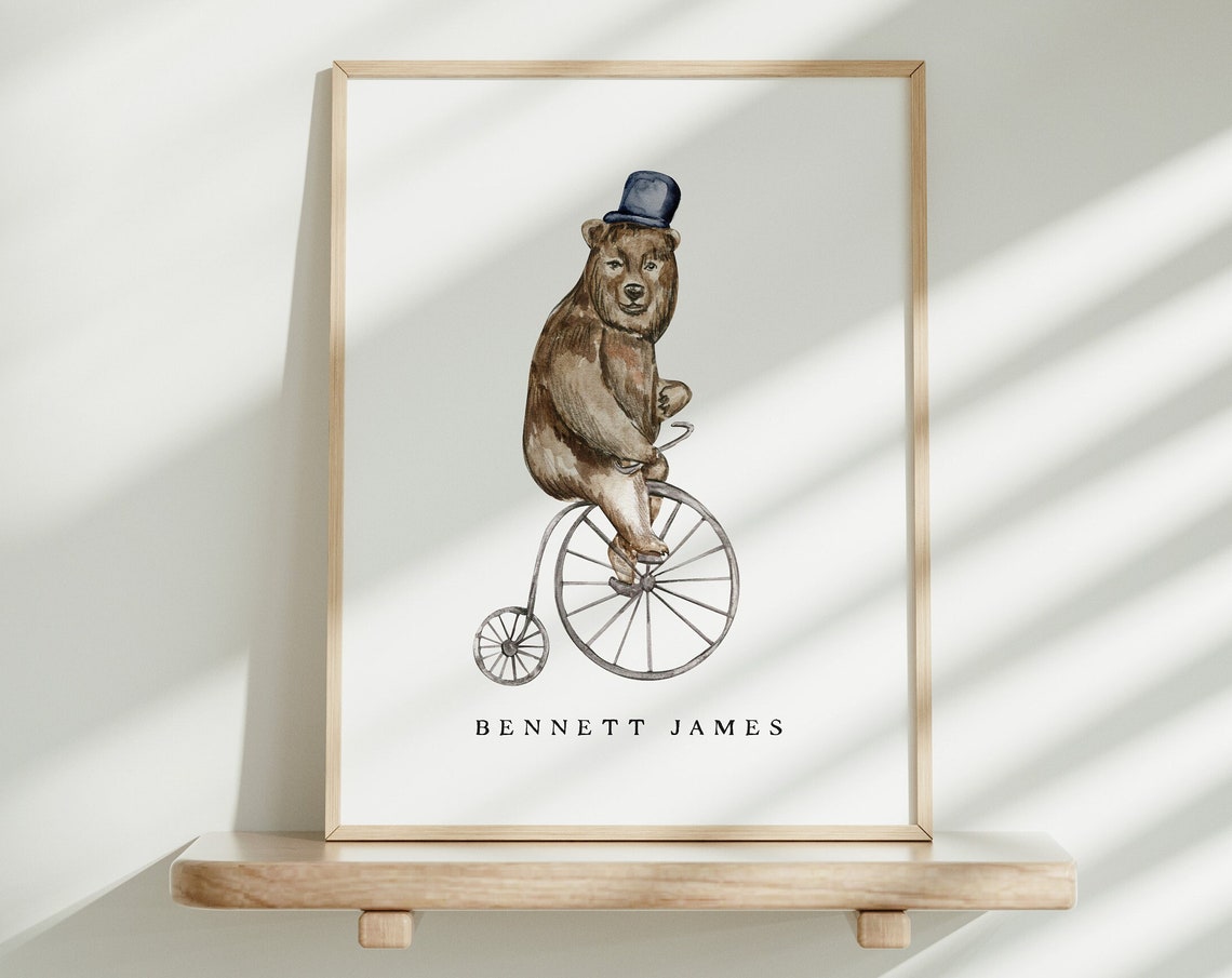 Bear Riding Penny Farthing Custom Baby Boy Name Nursery Poster - Image 2