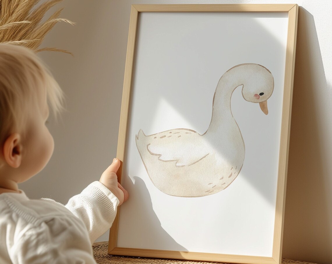 Neutral Watercolor Goose Cute Nursery Bird Illustration Print - Image 2