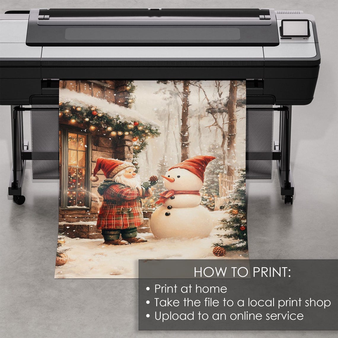 Christmas Gnome Decorating Snowman Outside Cozy Cabin Scene Poster - Image 5