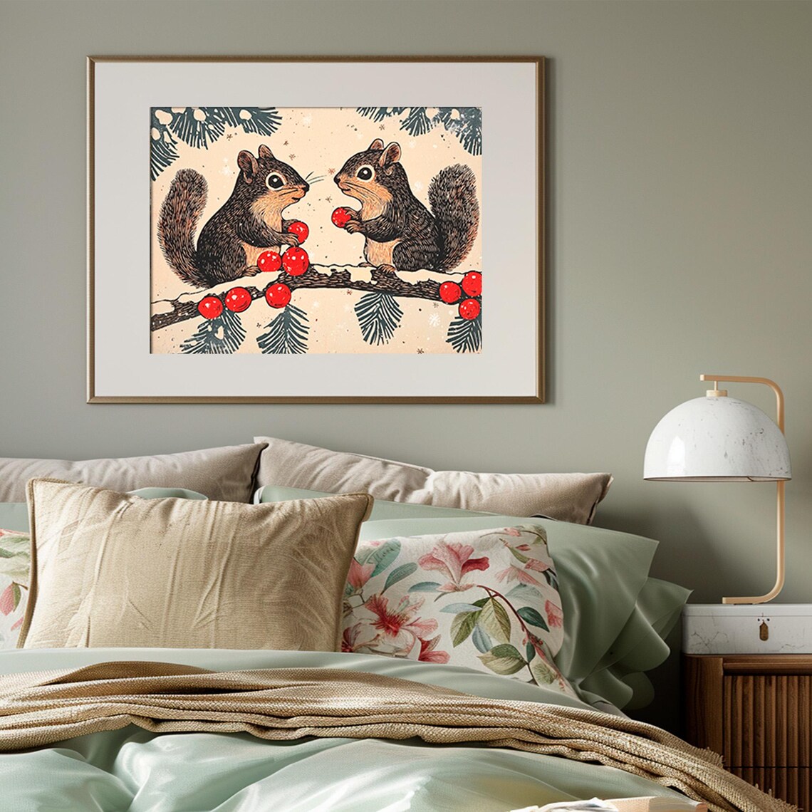 Two Squirrels Red Berries Snowy Branch Vintage Christmas Art Print - Image 3