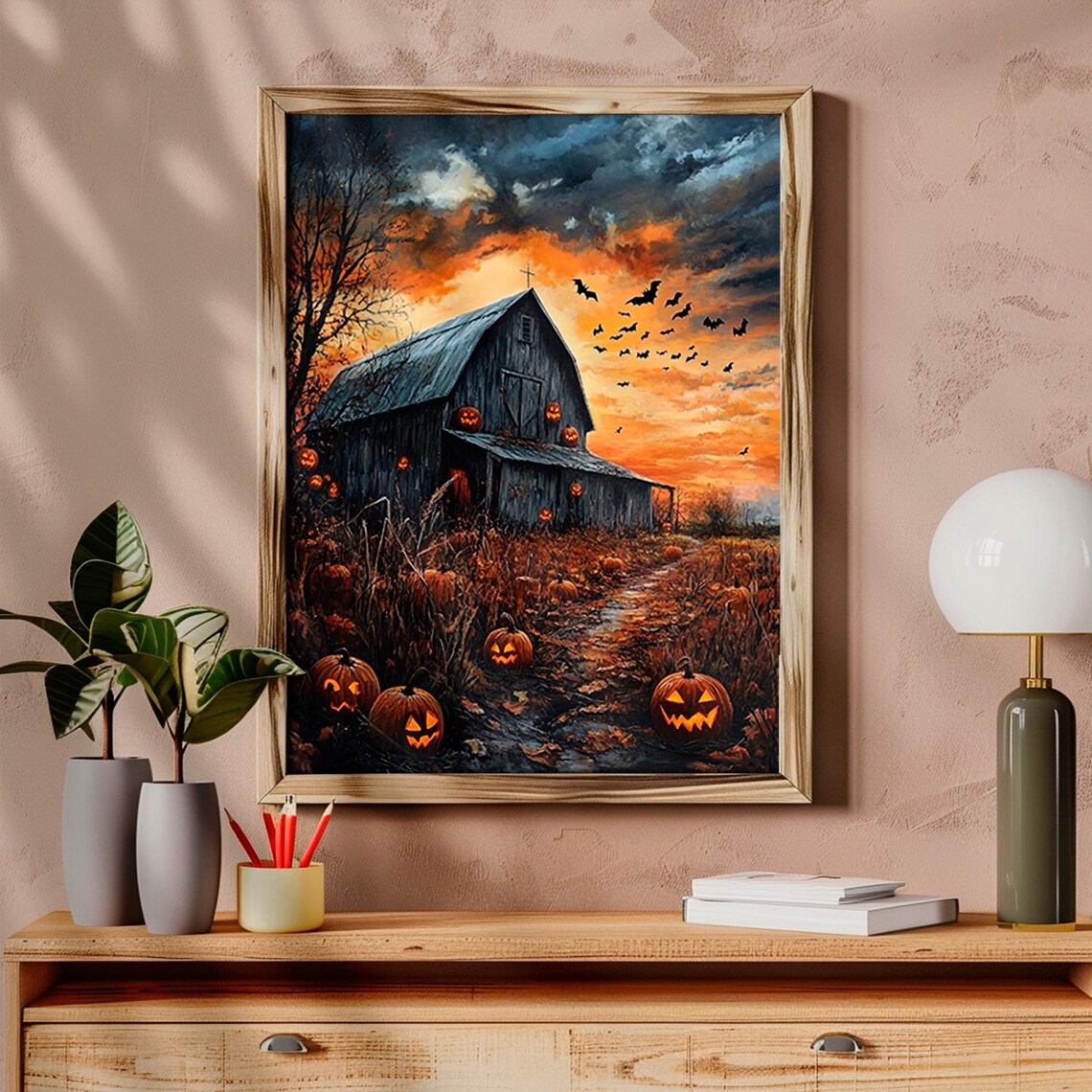 Spooky Halloween Barn Jack O Lanterns Bats Fiery Sunset Pumpkin Art Poster - Image 6
