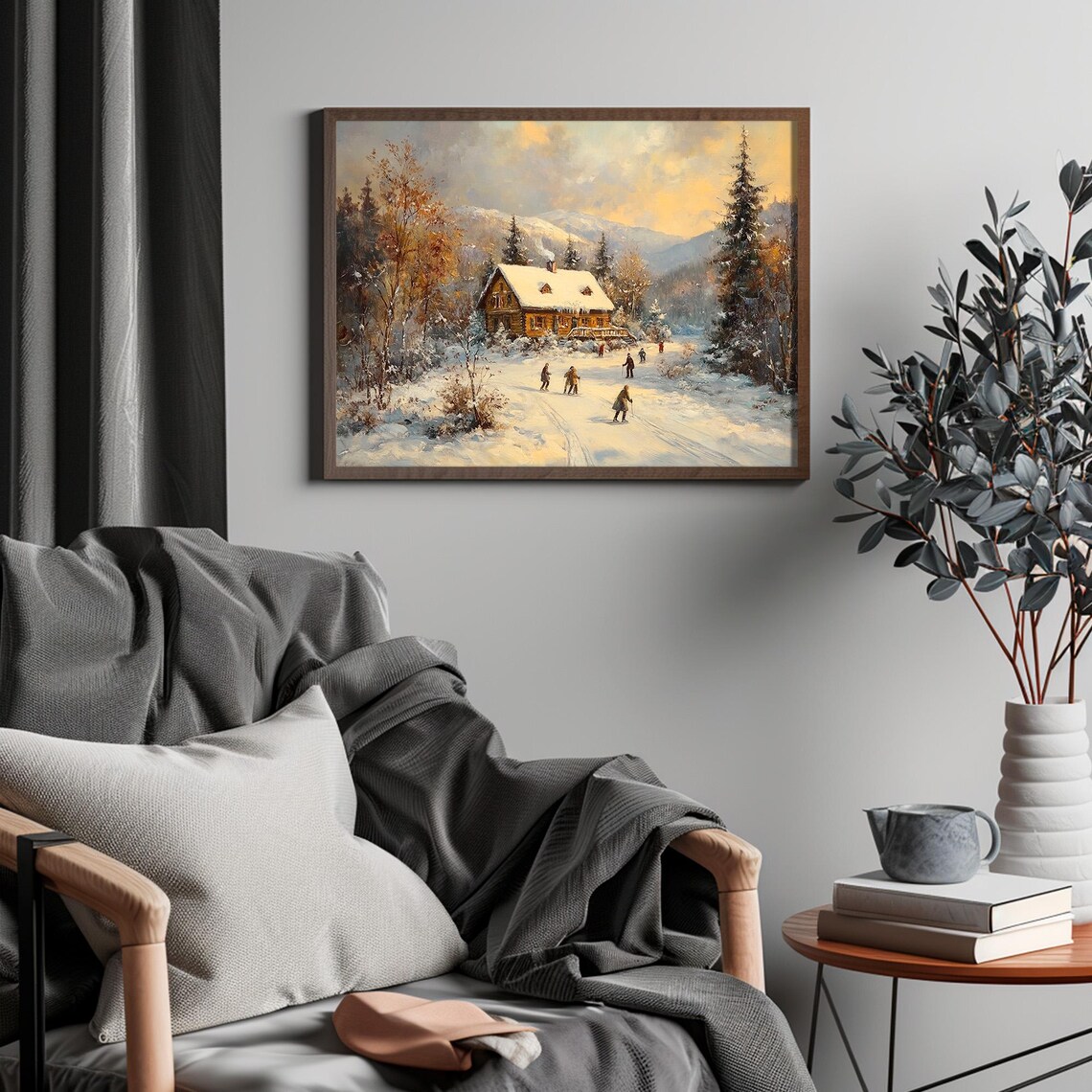 Snowy Mountain Cabin Skiers Sunset Vintage Winter Art Poster - Image 4