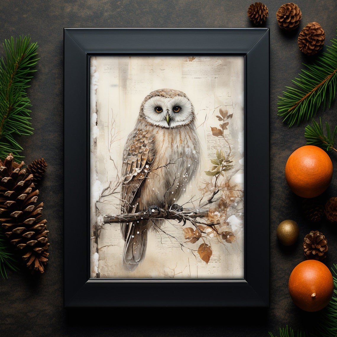Vintage Winter Owl Perched On A Snow Dusted Branch Painting Poster - Image 3