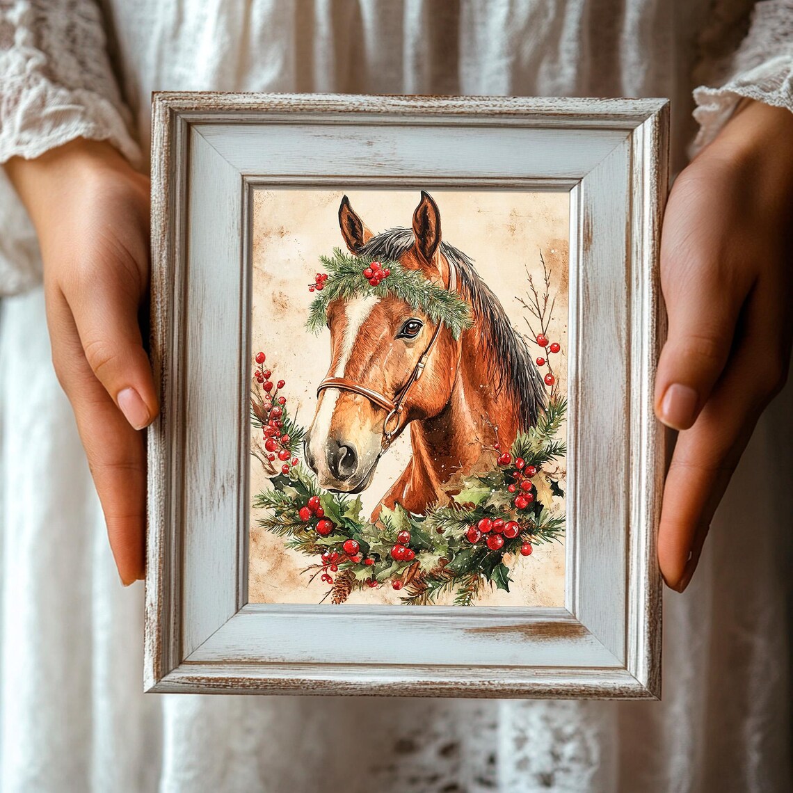 Horse Portrait Wearing a Holly Berry Wreath Watercolor Holiday Poster - Image 3