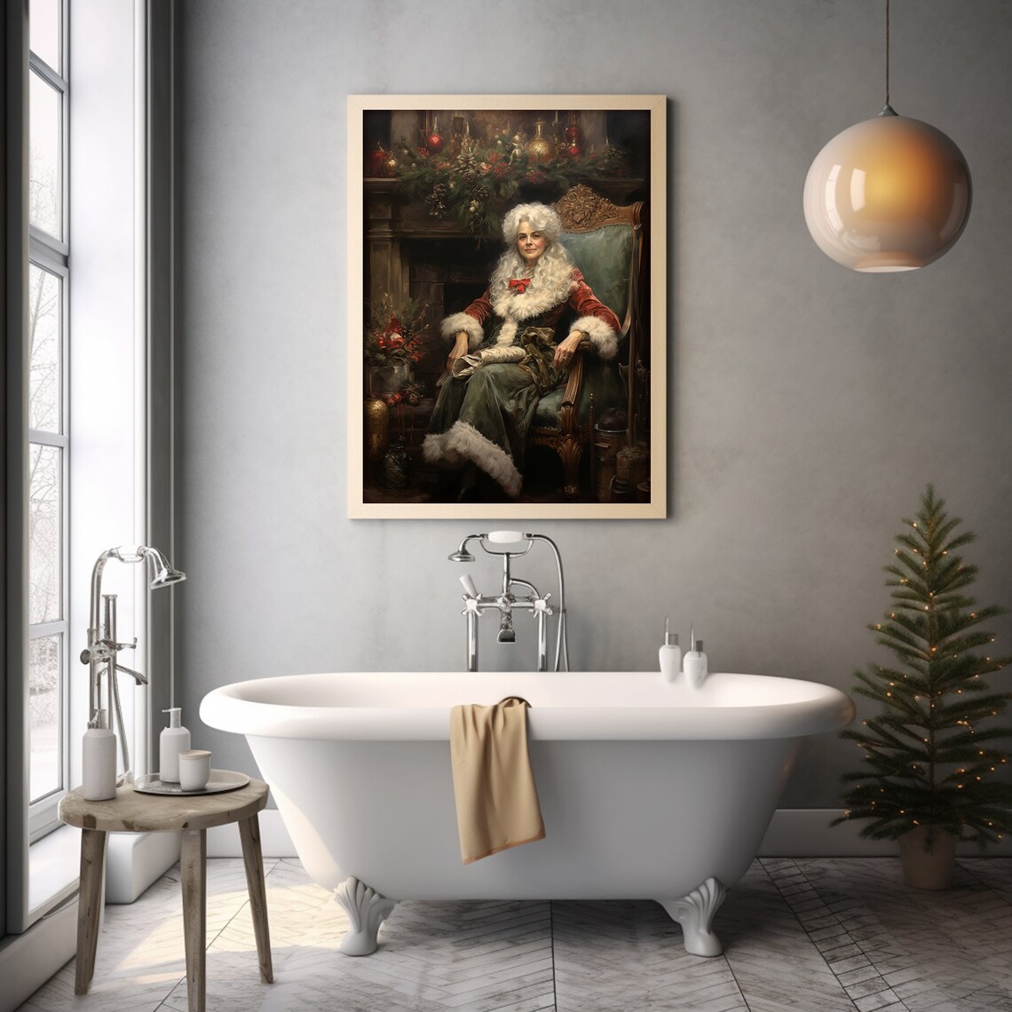 Mrs Claus Seated by a Decorated Fireplace Vintage Christmas Art Poster - Image 4
