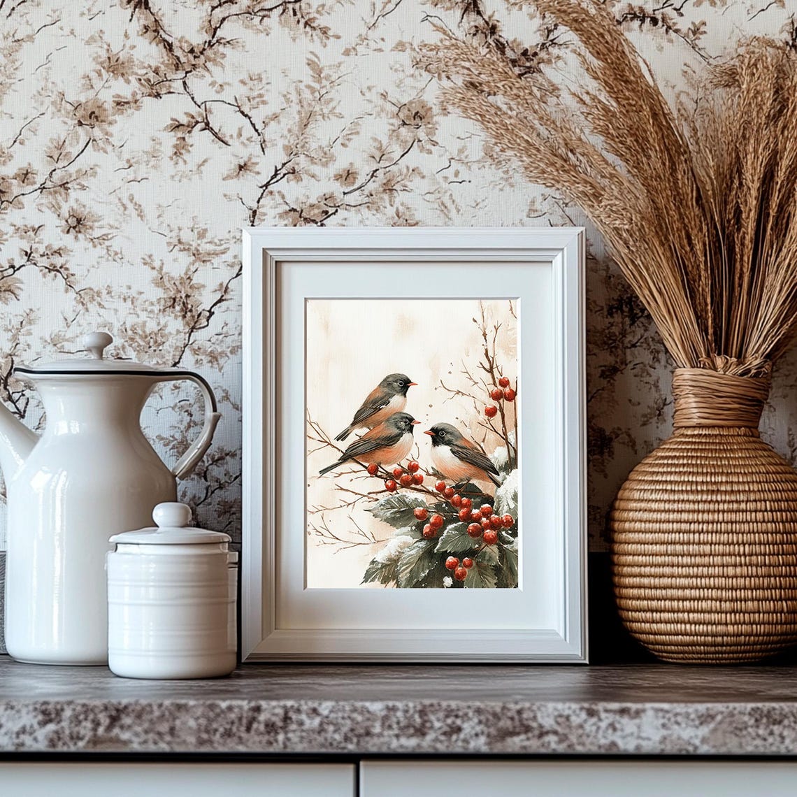 Three Songbirds Berry Branch Vintage Winter Botanical Bird Poster - Image 4
