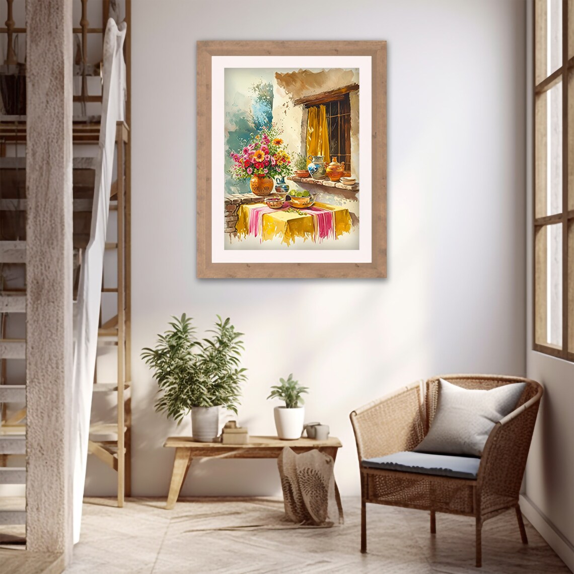 Mexican Kitchen Flowers Pottery Watercolor Rustic Table Scene Poster - Image 3