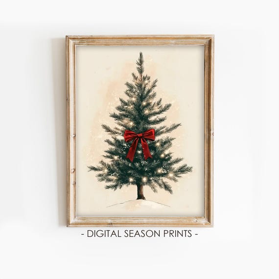 Vintage Christmas Tree Print Christmas Wall Art Winter Moody Botanical Print Holiday Wall Decor Evergreen Tree Print