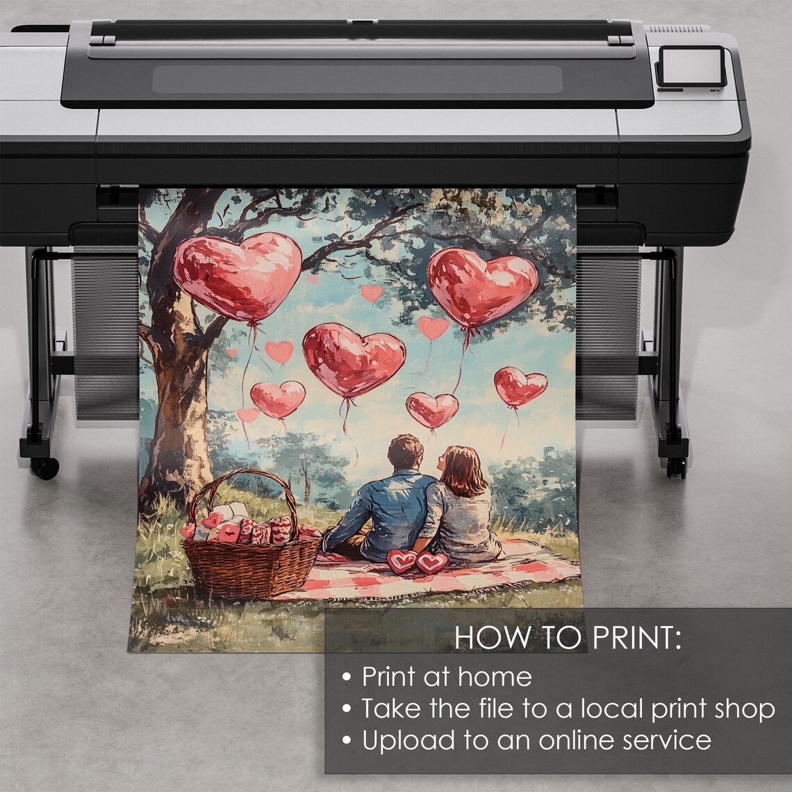 Romantic Couple Picnic Heart Balloons Valentine Day Painting Poster - Image 5