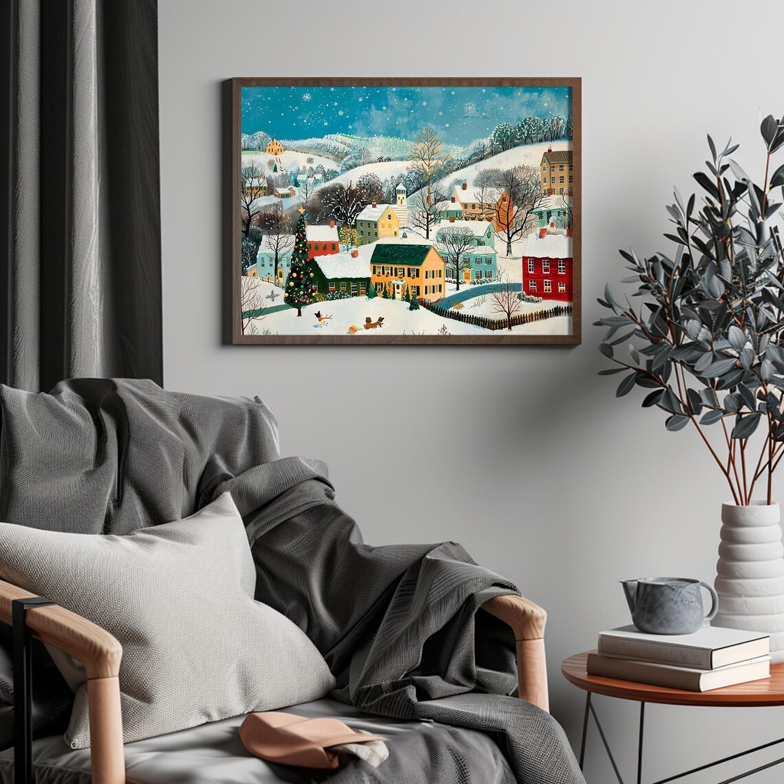 Colorful Folk Art Village Night Christmas Tree Snowy Naive Art Print - Image 2