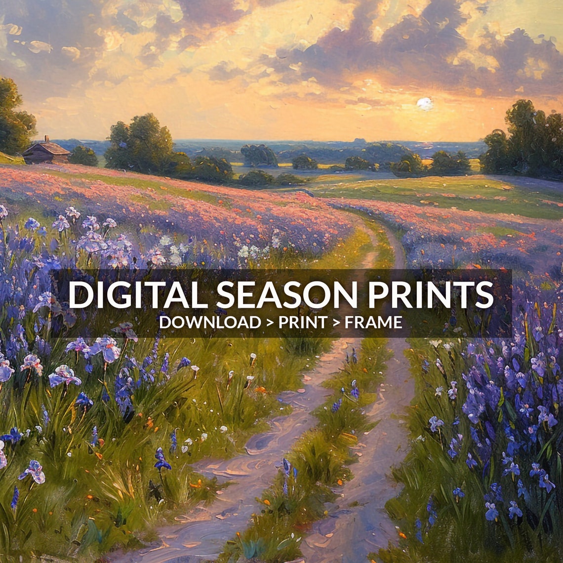 Evening at the Iris Field Purple Flowers Sunset Landscape Poster - Image 6